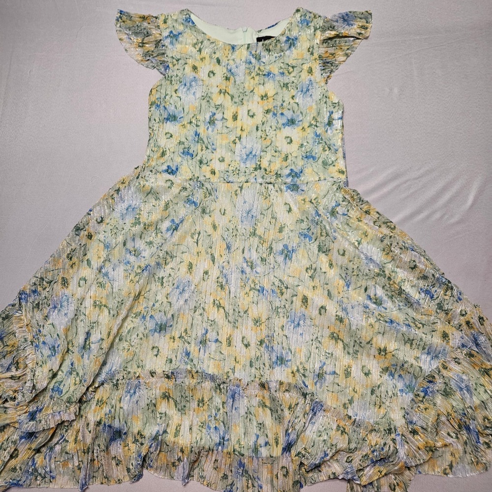 By & By Girl Dress 16 Mint Green Floral Metallic Pleated Fit & Flare Shimmer